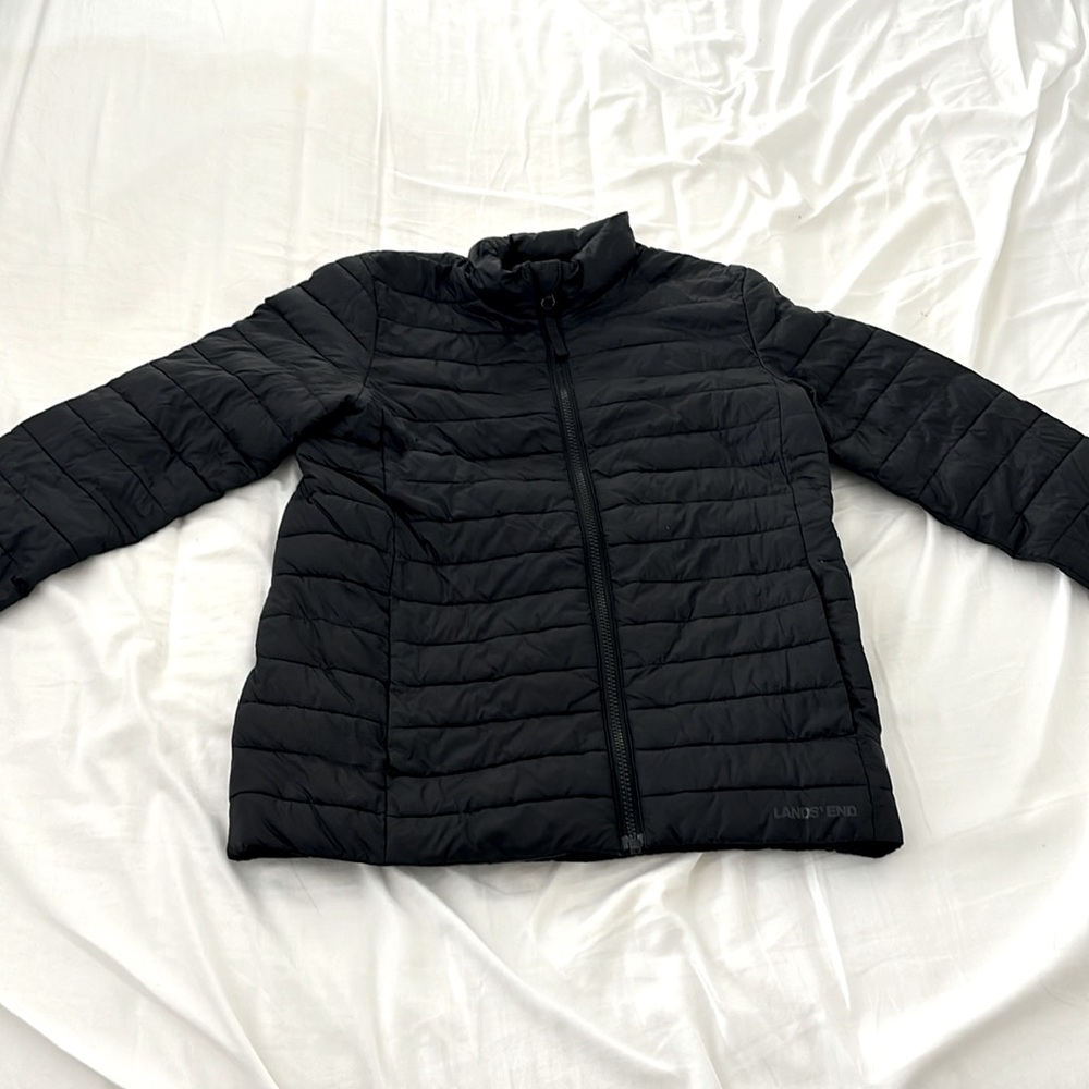 Lands End ThermoPlume Packable Black Jacket, Size large (10-12)